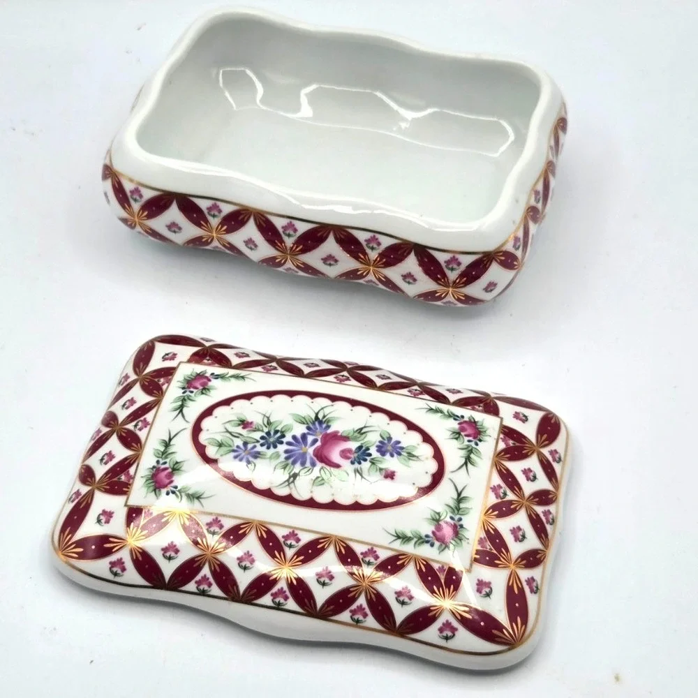 2003 Limited Edition Ceramic Trinket Box Burgundy Gold - Ornate Jewelry Case
